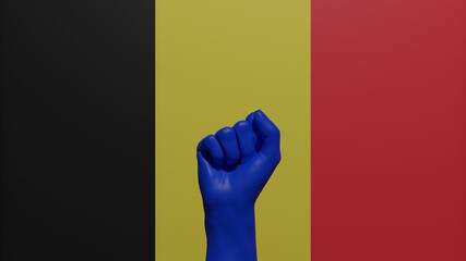 A single raised blue fist in the center in front of the national flag of Belgium