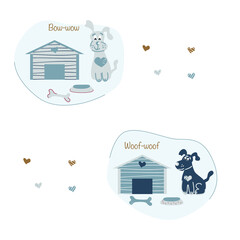 Dogs near dogs houses. Set of vector elements. Good for childish clothes, surface design.