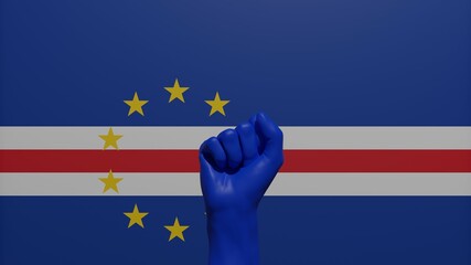 A single raised blue fist in the center in front of the national flag of Cape Verde