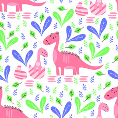 Seamless pattern with dinosaurs and plants elements. For fabric, wallpaper, wrapping paper. Cartoon vector illustration.