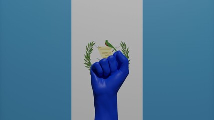 A single raised blue fist in the center in front of the national flag of Guatemala