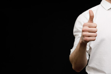 Young businessman is showing the word. Your text here