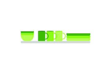 Green dishes on the shelf. Vector illustration.