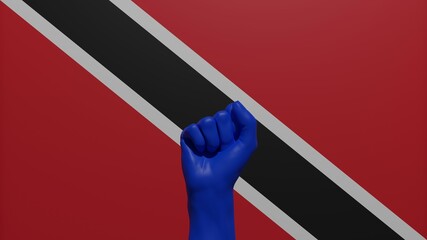 A single raised blue fist in the center in front of the national flag of Trinidad and Tobago