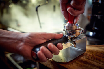 Close-up view on making an espresso. Coffee, beverage, bar
