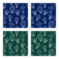 A collection of patterns with cacti on a dark background. Vector illustration.