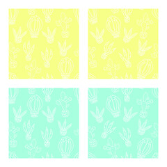 A collection of patterns with cacti on a bright background. Vector illustration.
