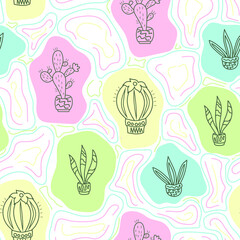 Seamless pattern with cacti, spots and lines. Perfect for childish clothes, surface design. Vector illustration.