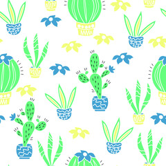 Seamless pattern with cacti and flowers. Perfect for childish clothes, surface design and others. Vector illustration.