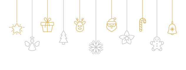 Holiday gold and silver baubles with snowflake, santa, christmas tree, reindeer, candy, angel, gift box. Christmas hanging on white background. New year card. Party design element. Vector illustration