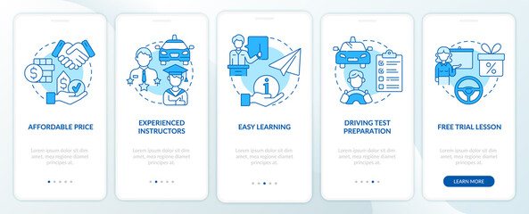 Fototapeta na wymiar Driving school benefits blue onboarding mobile app page screen. Advantages walkthrough 5 steps graphic instructions with concepts. UI, UX, GUI vector template with linear color illustrations