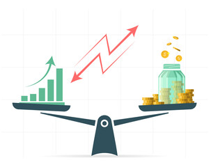 Growing graph and money on scales, balance. vector illustration business concept