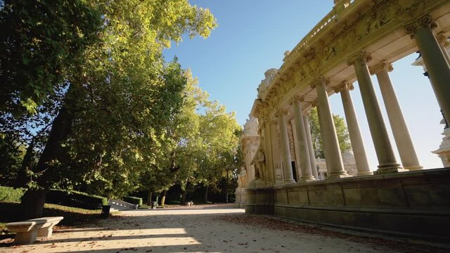 Pov walking in Monument to Alfonso XII in Retiro park, Madrid, Spain. High quality 4k footage