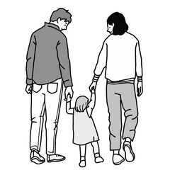 子供と手をつないで歩く家族のベクターイラスト