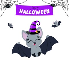 Cute Bat in a Hat and Spiders, Square White Banner for Halloween, Halloween Mood