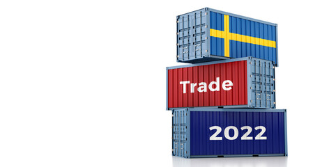 Trading 2022. Freight container with Sweden national flag. 3D Rendering 