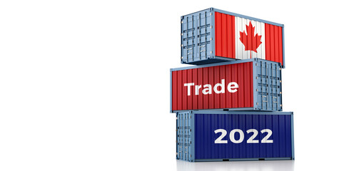 Trading 2022. Freight container with Canada national flag. 3D Rendering 