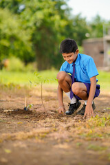 Indian school child doing tree plantation.
