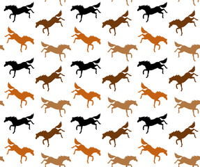 Vector seamless pattern of different color flat horse silhouette kicking isolated on white background