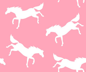 Vector seamless pattern of flat horse silhouette kicking isolated on pink background