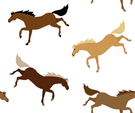 Vector seamless pattern of different color flat cartoon horse kicking isolated on white background