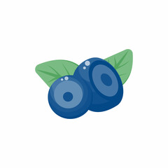 Vector icon of ripe blue blueberries. The bilberry emblem in a flat cartoon style is isolated on a white background. Berries with leaves