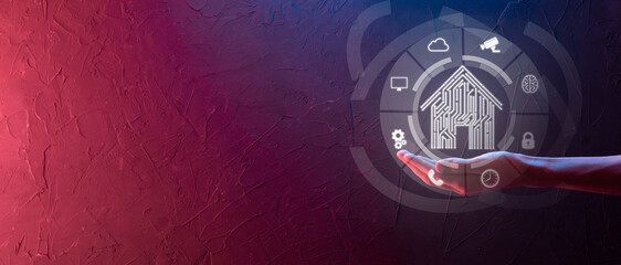 Businessman hold house icon.Smart home controlled, intelligent house, and home automation app concept.Pcb design and person with smart phone. Innovation technology internet Network Concept.