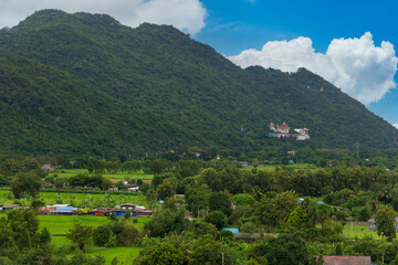 View of rice fields, mountains, clear skies in winter in Thailand