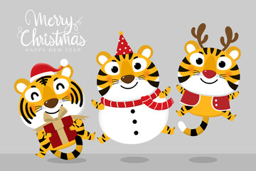 Merry Christmas and happy new year 2022. The year of tiger. Cute animal wear red winter costume