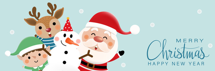 Merry Christmas and happy new year greeting card with cute Santa Claus, little elf, snowman and deer. Holiday cartoon character in winter season. -Vector