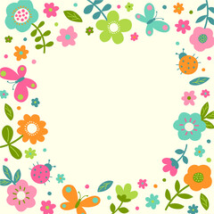 Cute pastel flower, butterfly and ladybug border frame vector.