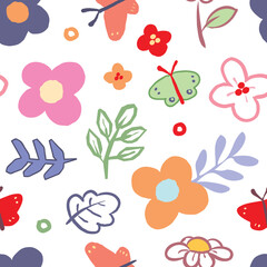 Seamless Pattern with Flower and Butterfly Design on White Background