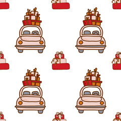 Vector seamless pattern with car and presents. Nice illustration for holidays wrapping paper, decor, cards, textile 