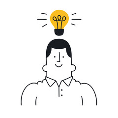 Man with a light bulb over his head. New idea, brainstorming, solution, problem solved, startup, innovation, creativity. Outline, linear, thin line, doodle art. Simple style with editable stroke.