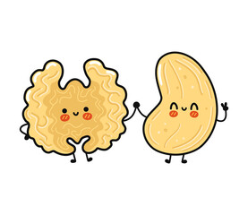 Cute, funny happy walnut and cashew character. Vector hand drawn cartoon kawaii characters, illustration icon. Funny cartoon walnut and cashew friends concept