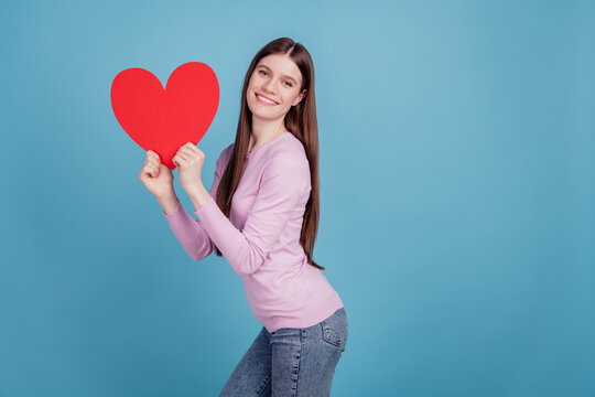 Profile side photo of pretty lady holding big paper heart valentine day love isolated over blue color background