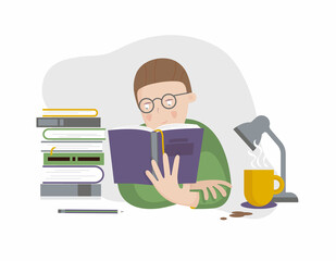 A man reading book sitting at desk and a stack of books. Human character and objects on white background. Literature fans, bookworm, student, education concept, library. Flat vector illustration