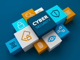 3D render of perspective view of CYBER SECURITY business concept with symbols on colorful cubes on dark blue background
