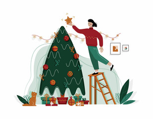 Female charecter decorating a Christmas tree, puting on a star crown. Seasonal celebrations of Christmas and New Year. Cozy winter home. Design template for posters, etc. Flat vector illustration 