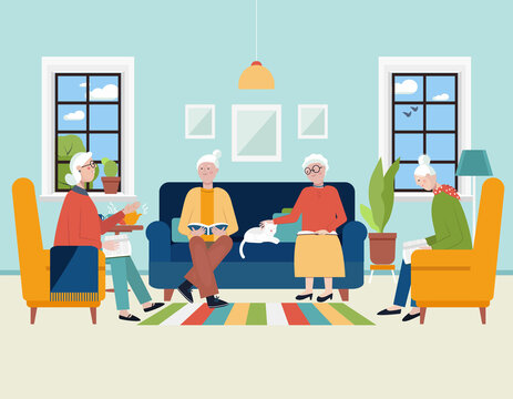 Senior women discussing and reading book at home. Book club for elder people, active social lifestyle, education and communication for seniors concept. Literature fans. Flat vector illustration