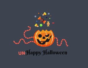 Scary pumkin, candies, worms and text saying Unhappy Halloween. Decorative elements for Halloween celebrations. Holiday Accessories. Flat vector illustration for poster, banner, etc.