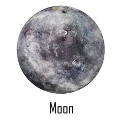 Full watercolor moon illustration. Symbol of new beginning, dreaming, romance, fantasy, magic. Black, grey colors, circle, full view.