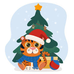New Year and Christmas funny tiger. The symbol of the year 2022. Vector illustration.