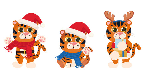 New Year and Christmas funny tiger. The symbol of the year 2022. Vector illustration isolated on white background.