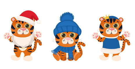 Obraz premium New Year and Christmas funny tiger. The symbol of the year 2022. Vector illustration isolated on white background.