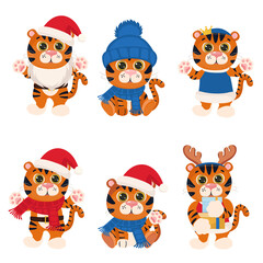 New Year and Christmas funny tiger. The symbol of the year 2022. Vector illustration isolated on white background.
