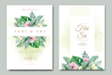 beautiful flowers and leaves watercolor wedding invitation card set