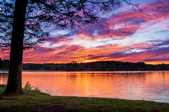 Sunset over lake in Poconos