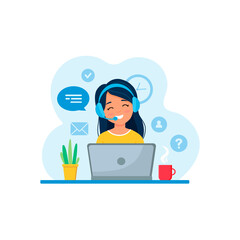 Woman with headphones and microphone with laptop.Concept illustration for support, call center. Customer service