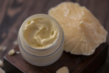 Natural organic cosmetics with cocoa butter. Homemade natural cream.